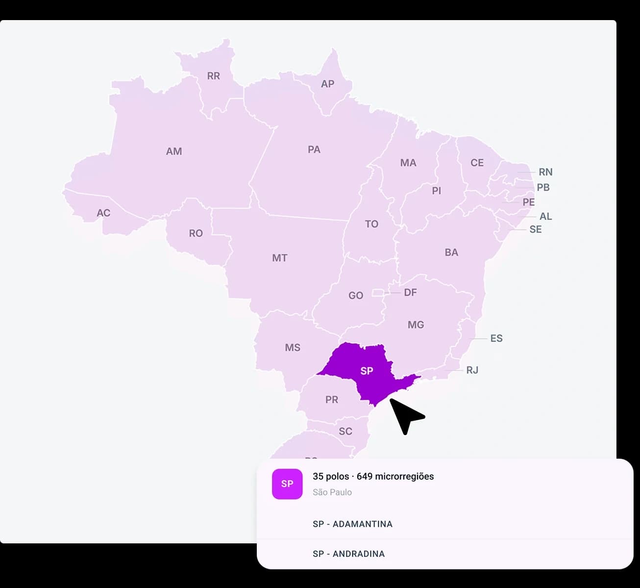 Mapa do Brasil com polos da Proto Network